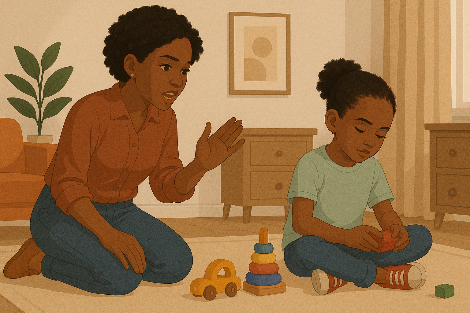 Child ignoring parent and playing with toys